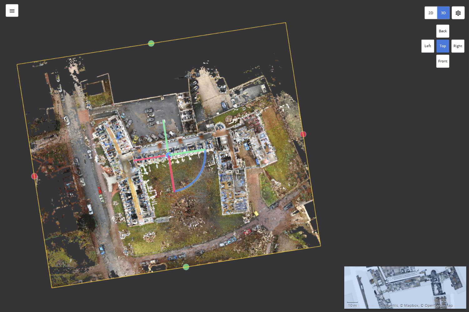 smart-agile-3d-aufmass-bergisch-gladbach-scans-registrierung-punktwolke-navvis-e57 Screenshot aus dem NavVis-Viewer: registrierte 3D-Punktwolke (E57) eines Gebäudes in Top-View mit Bounding Box und Achsen.