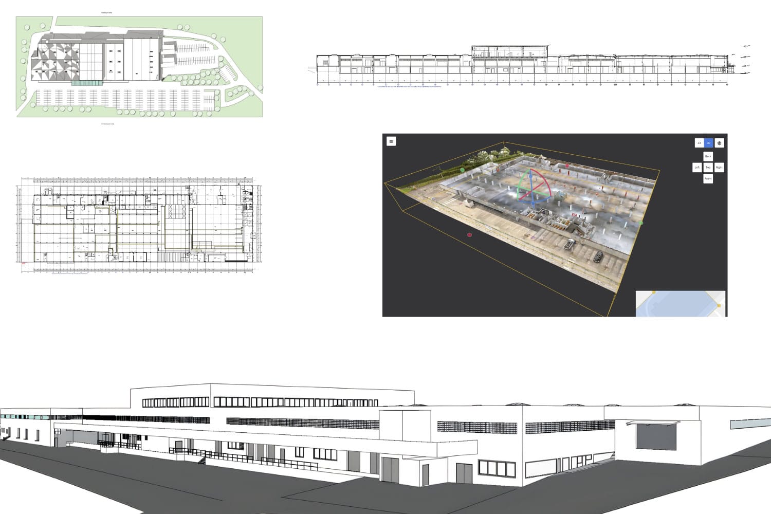 Übersicht typischer 3D-Aufmass-Deliverables: Lageplan, Grundriss und Schnittzeichnung plus 3D-BIM-Modell und Punktwolken-Ansicht.