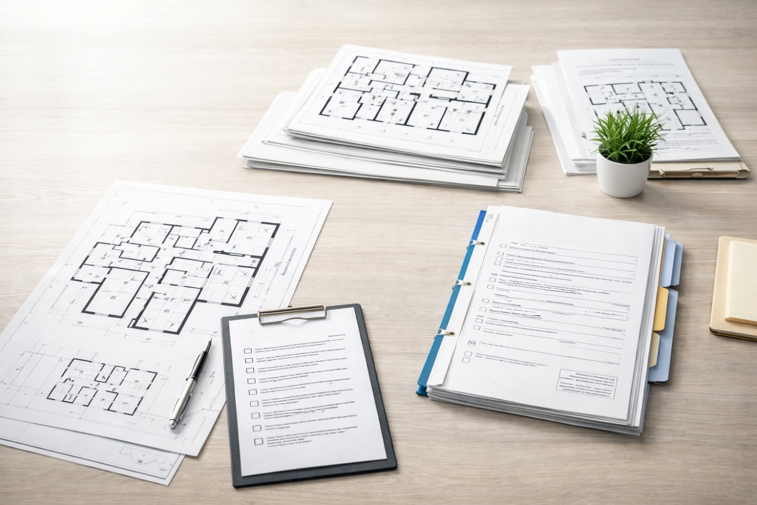 Unterlagen für die Abgeschlossenheitsbescheinigung mit Aufteilungsplänen, Checkliste und Antragsformular auf einem Schreibtisch