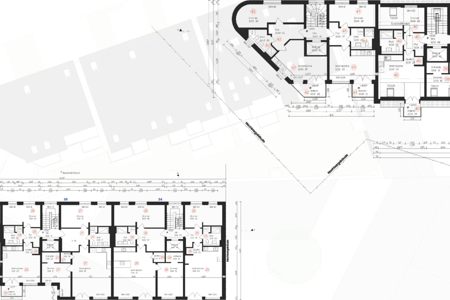 Digitaler Aufteilungsplan eines Wohngebäudes mit mehreren Wohnungsgrundrissen, Maßketten und Lagebezug