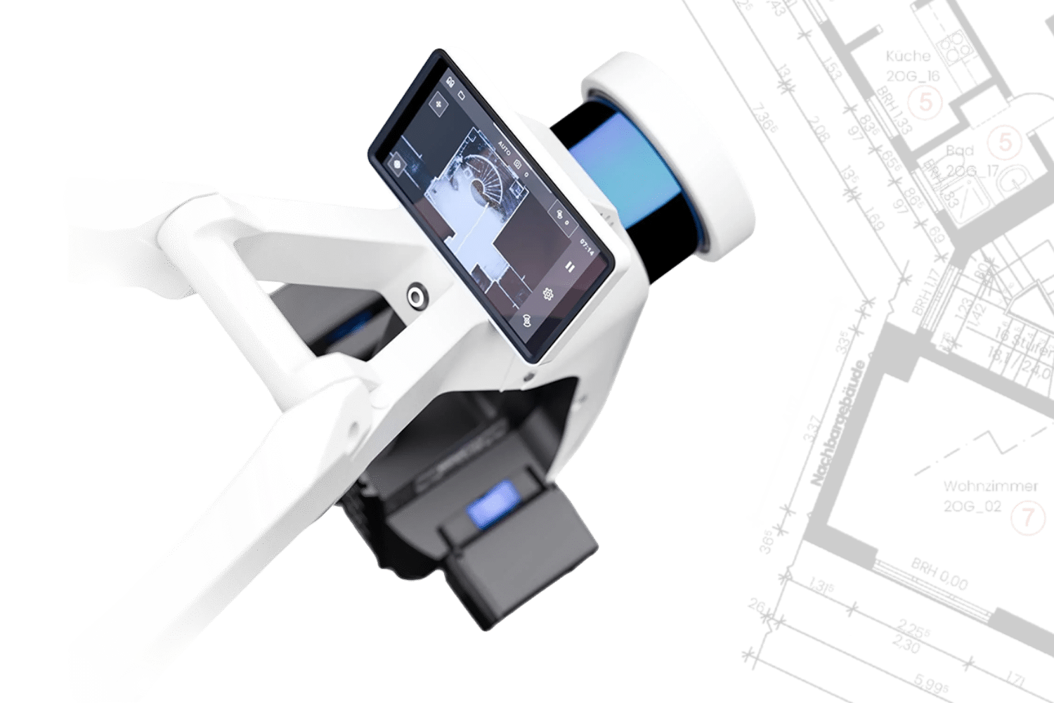 Mobiler 3D-Laserscanner für die digitale Gebäudeerfassung mit eingeblendeten Grundriss- und Messdaten für Aufteilungspläne