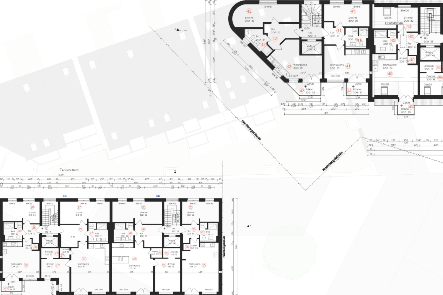 Digitaler Aufteilungsplan eines Wohngebäudes mit mehreren Wohnungsgrundrissen, Maßketten und Lagebezug
