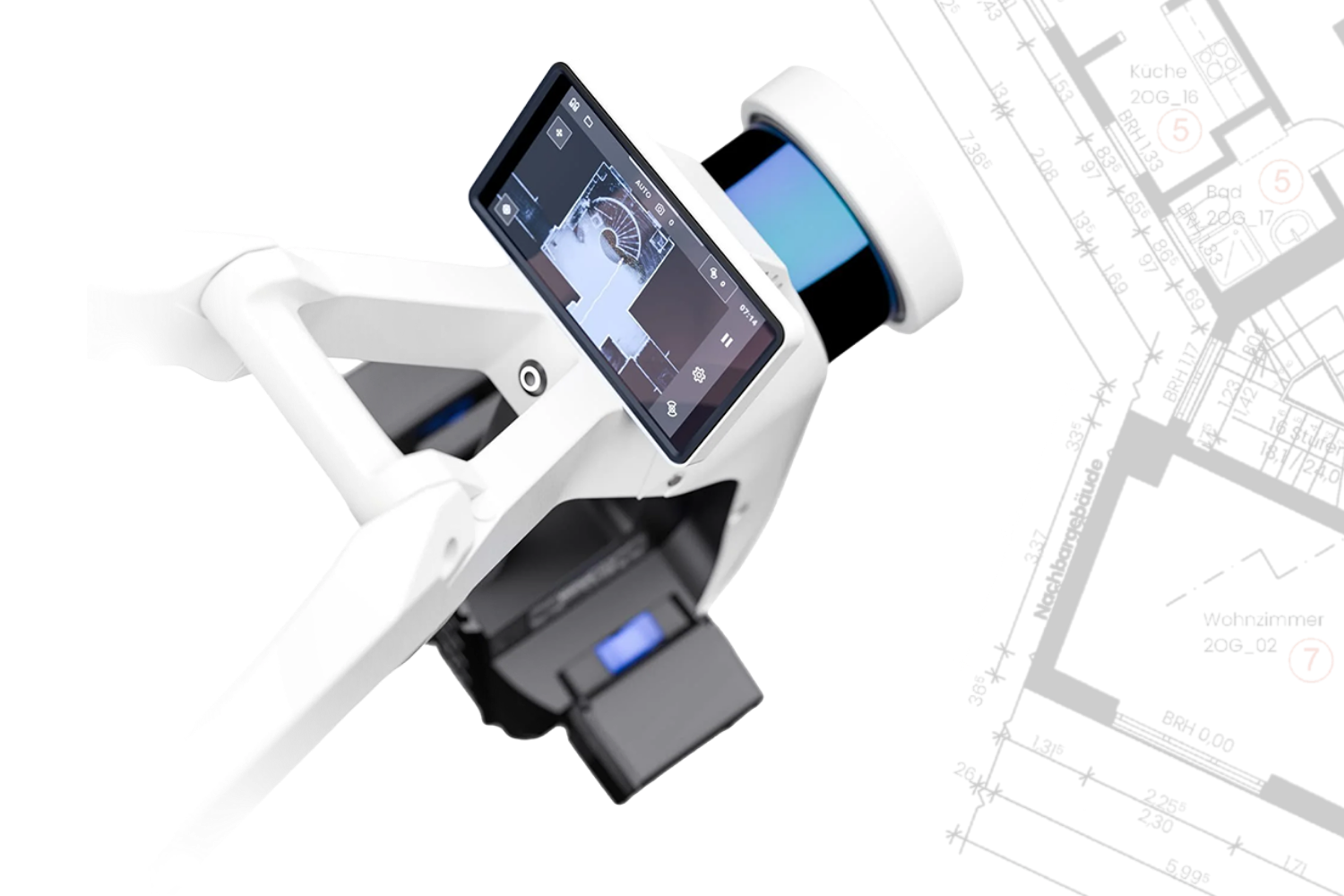 Mobiler 3D-Laserscanner für die digitale Gebäudeerfassung mit eingeblendeten Grundriss- und Messdaten für Aufteilungspläne