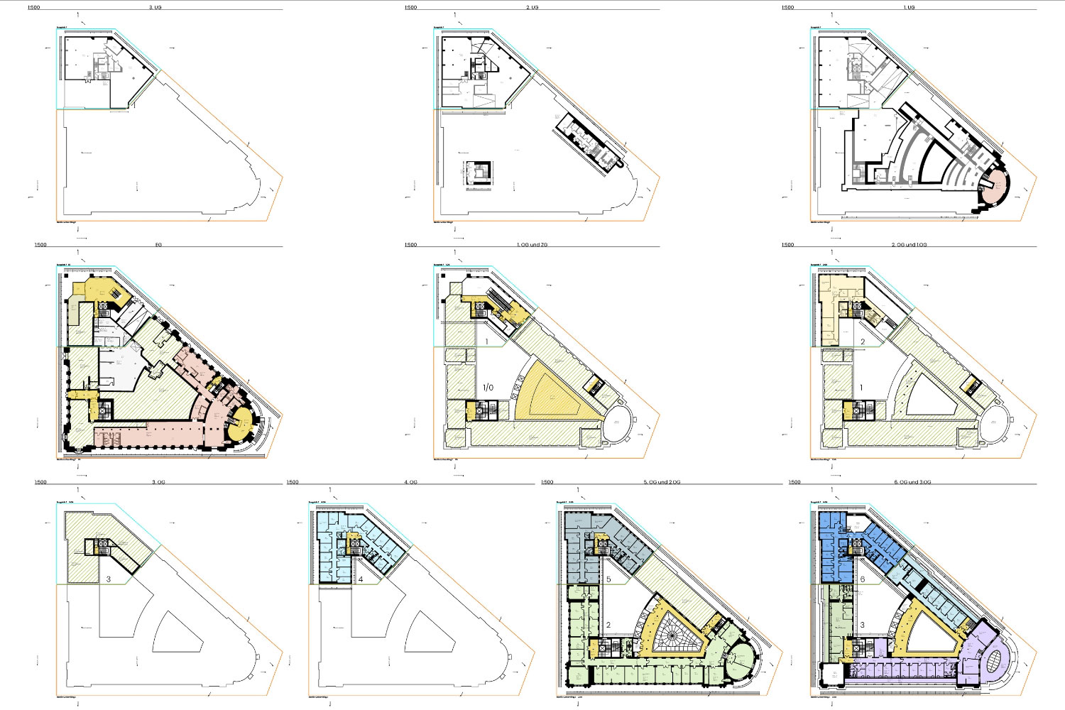 smart-agile-start-cluster-entwickeln-gif-flaechenplan-pdf Mehrgeschossige Grundrisse als farbiger Flächenplan (MF-GIF) aus 3D-Aufmaß – Einheiten und Nutzflächen übersichtlich markiert.