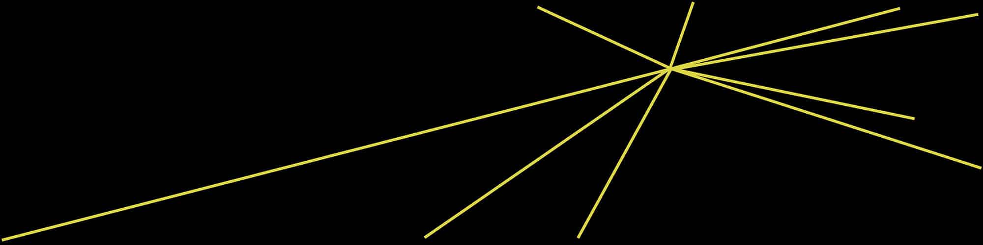 Abstrakte gelbe Laserstrahlen auf schwarzem Hintergrund, die sich in einem Punkt bündeln.