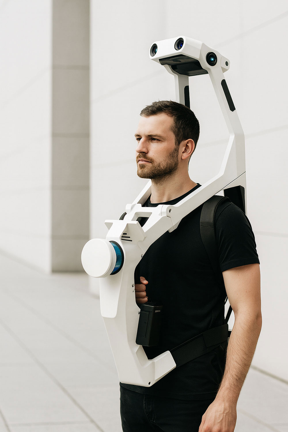 smart-agile-start-prozess-scan-datenpaket-lasescanner Vermesser mit mobilem 3D-Laserscanner (NavVis VLX 2) beim Gebäudescan – Aufnahme von Bestandsdaten für Punktwolke und Datenpaket.