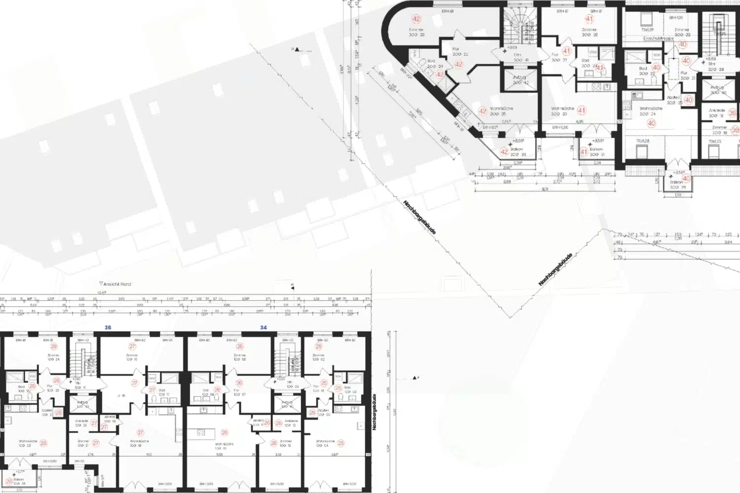 Aufteilungsplan Bottrop für Abgeschlossenheitsbescheinigung – bemaßter Grundriss mit nummerierten Sondereigentumseinheiten und Gemeinschaftsflächen