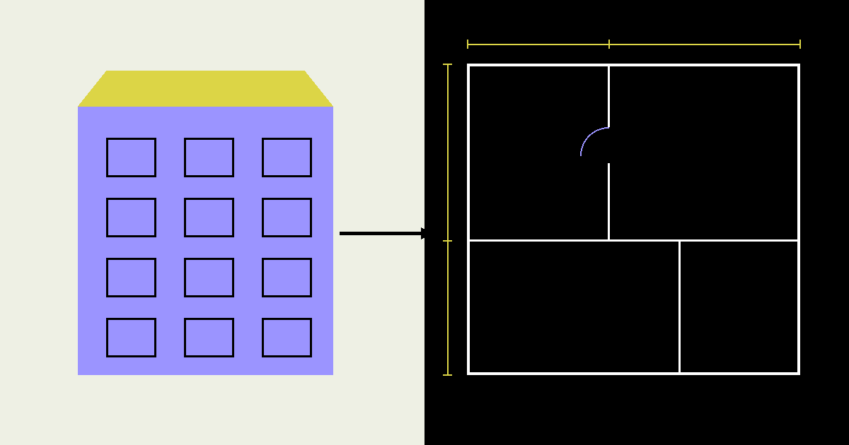 Bestandspläne: links ein Bestandsgebäude als Volumen, rechts der daraus erstellte maßhaltige CAD-Grundriss mit Wandlinien und Maßketten.