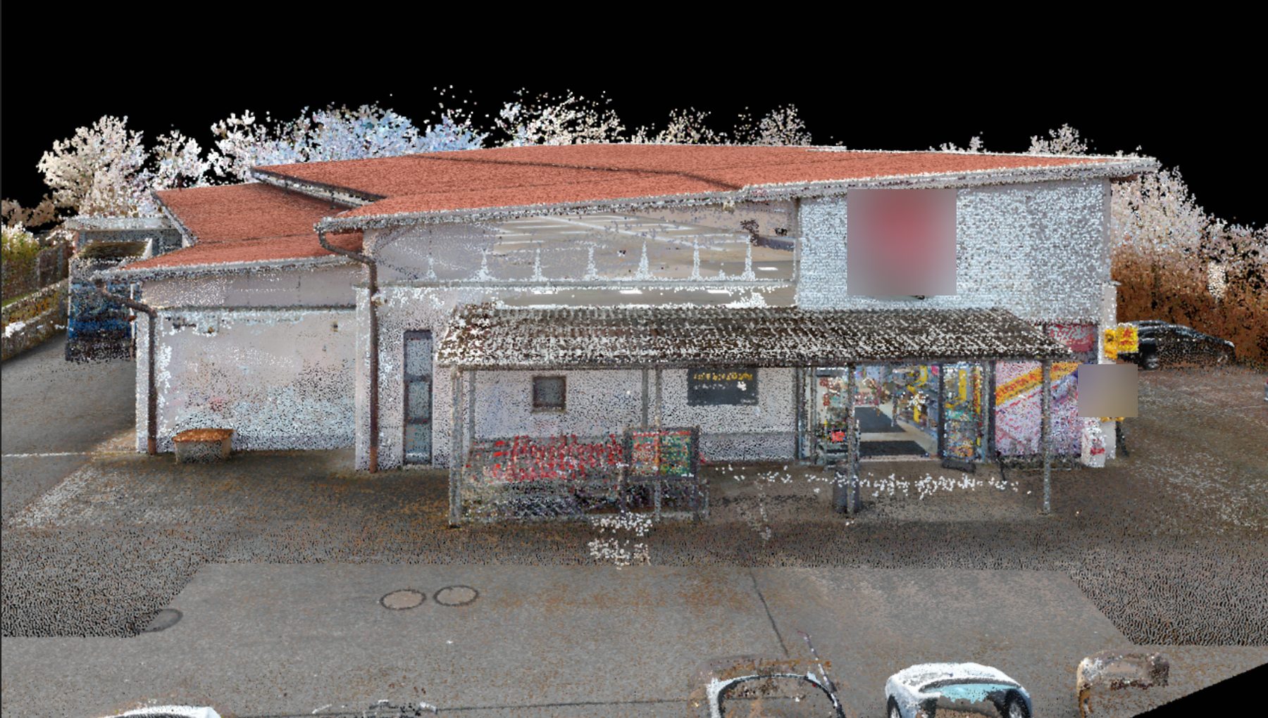 3D-Punktwolke eines Supermarkts mit Eingangsbereich und Parkplatz aus einem echten Projekt