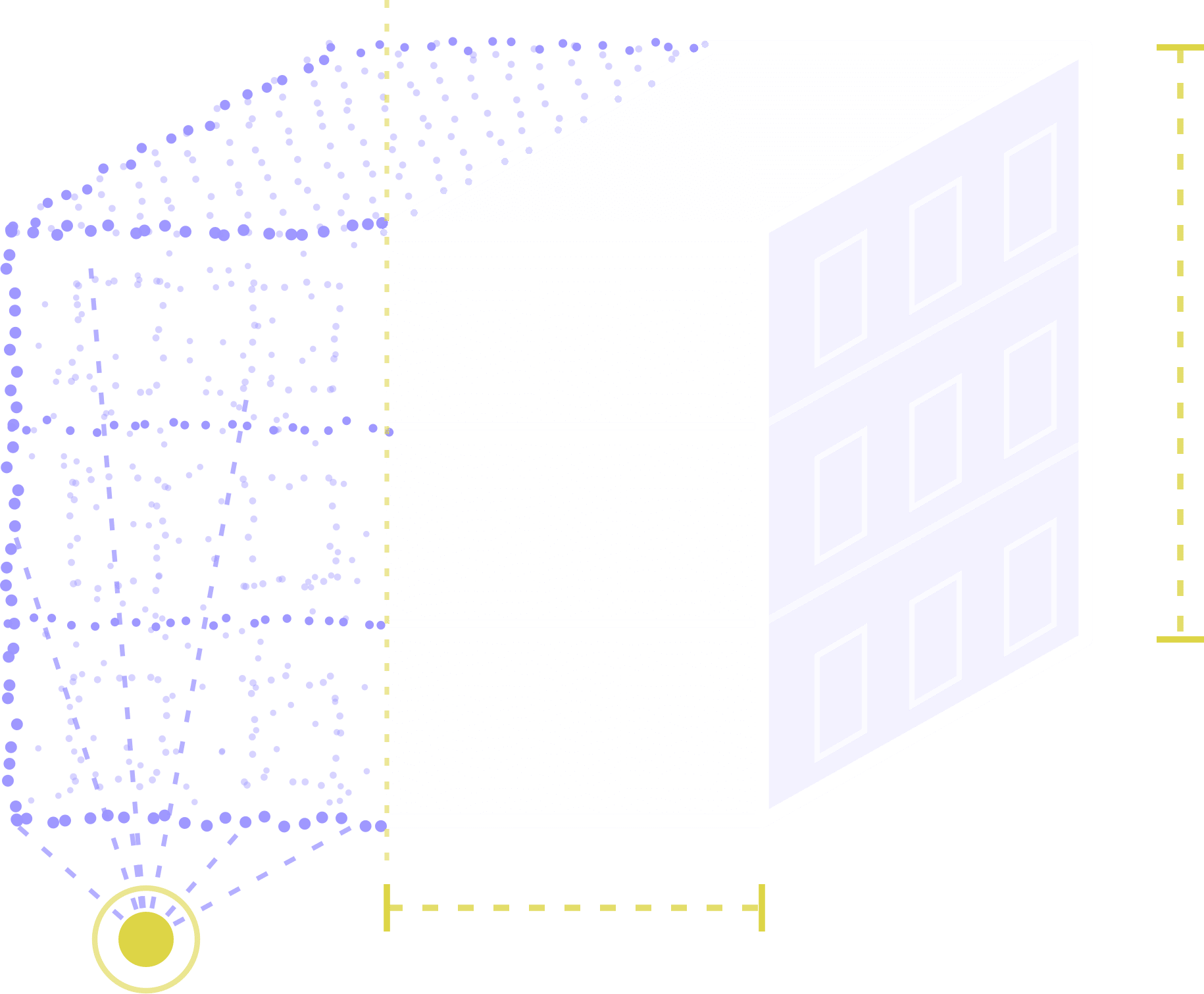 BIM-Modell im Bestand: links die Punktwolke der Erfassung mit Scan-Standpunkt, rechts das daraus modellierte Bauteilmodell mit Geschossen und Fenstern