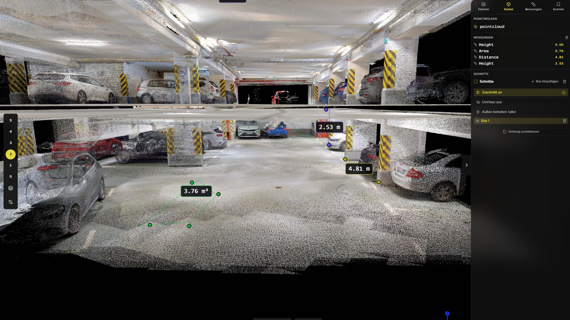Geschoss-Wechsler im Viewer: Geschoss 2 einer Tiefgarage freigestellt, mit Messungen