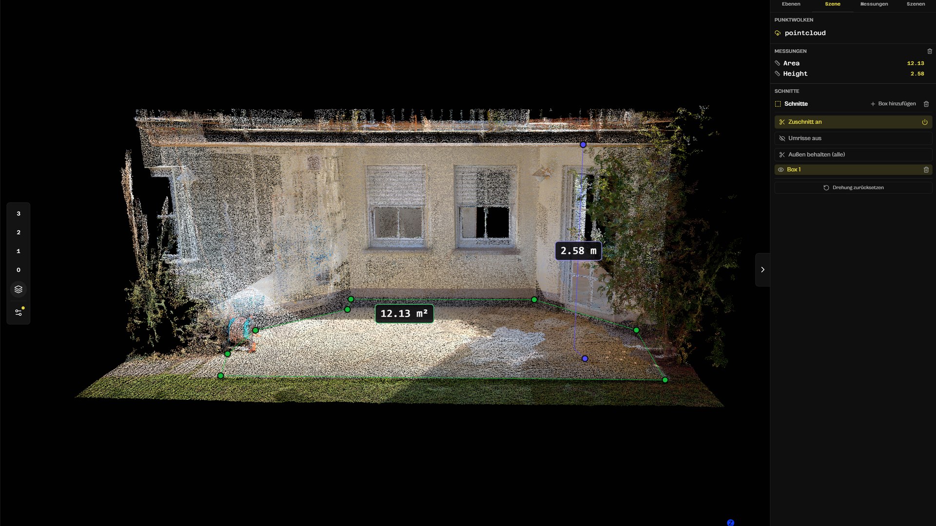 Messungen im Viewer an einem einfachen Beispiel: Terrassenfläche und Fensterhöhe, Zuschnitt aktiv