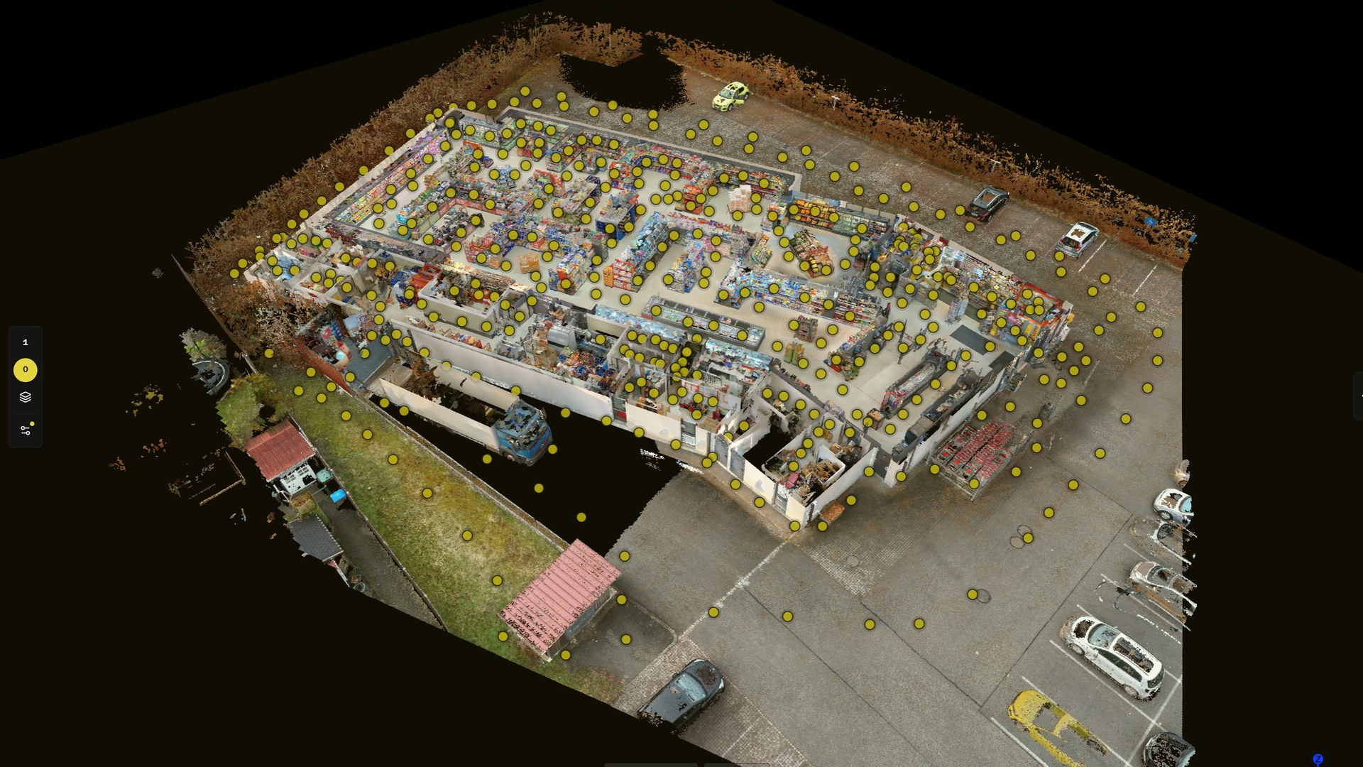Erdgeschoss eines Gebäudes von oben im Viewer, Panoramen eingeschaltet: alle Aufnahmepunkte als Markierungen