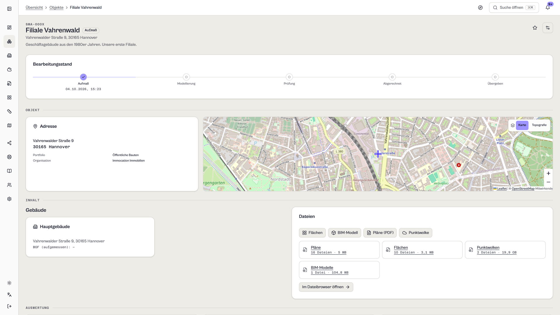 Objektseite der Plattform mit Bearbeitungsstand, Adresse, Karte, Gebäuden und Dateien