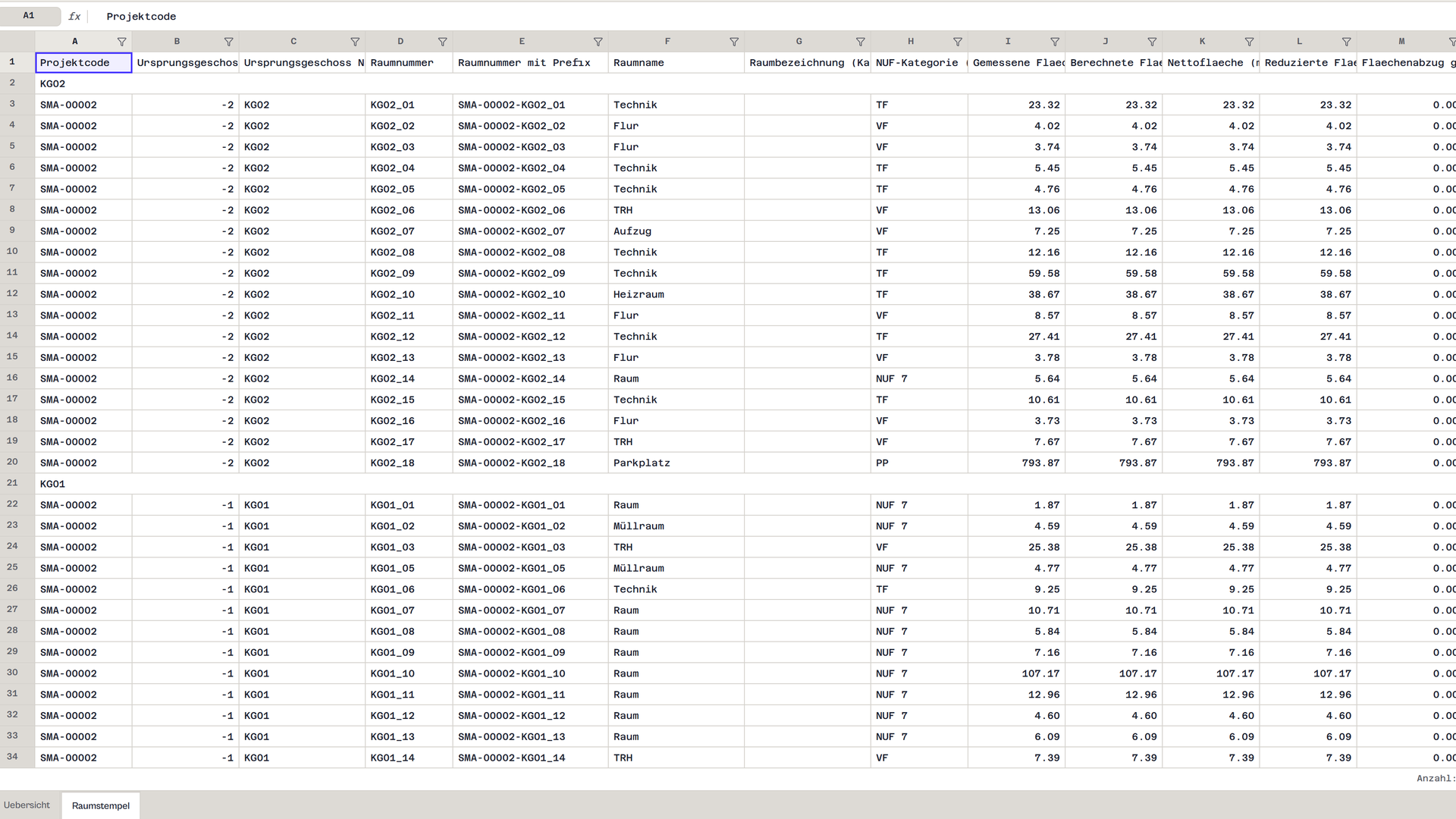 Raumliste als XLSX-Tabelle direkt im Browser der Gebäudeplattform geöffnet